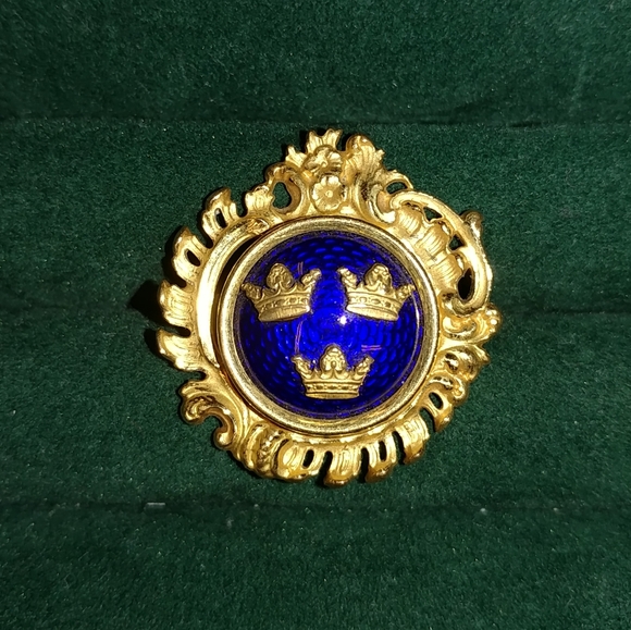 Vintage Sporrong & Co. Stockholm Blue Enamel 3 Crown Gold Brooch Pin Swedish - Picture 2 of 16